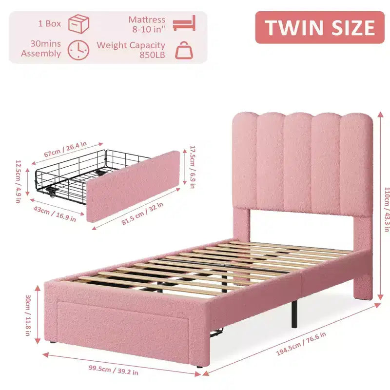 Lit double Acekool pour enfants, cadre de lit rembourré en tissu bouclé avec tiroir de rangement, tête de lit ondulée et lattes en bois solides, sans sommier tapissier, rose