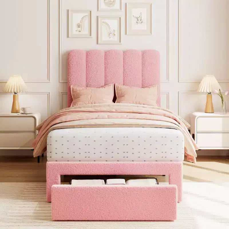 Lit double Acekool pour enfants, cadre de lit rembourré en tissu bouclé avec tiroir de rangement, tête de lit ondulée et lattes en bois solides, sans sommier tapissier, rose