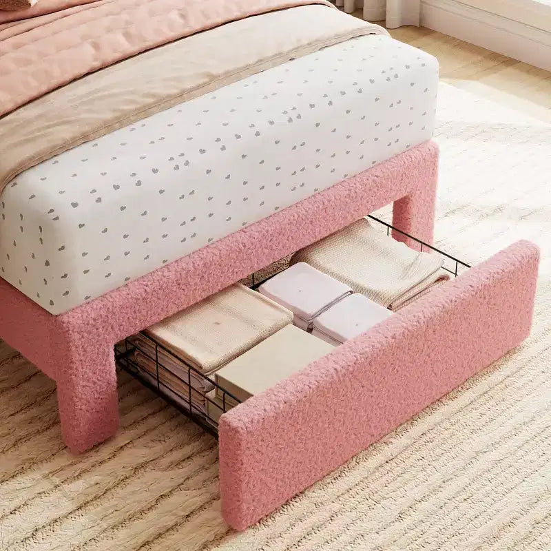 Lit double Acekool pour enfants, cadre de lit rembourré en tissu bouclé avec tiroir de rangement, tête de lit ondulée et lattes en bois solides, sans sommier tapissier, rose