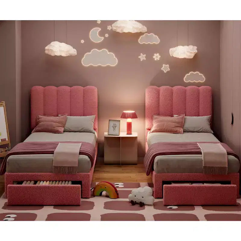 Lit double Acekool pour enfants, cadre de lit rembourré en tissu bouclé avec tiroir de rangement, tête de lit ondulée et lattes en bois solides, sans sommier tapissier, rose