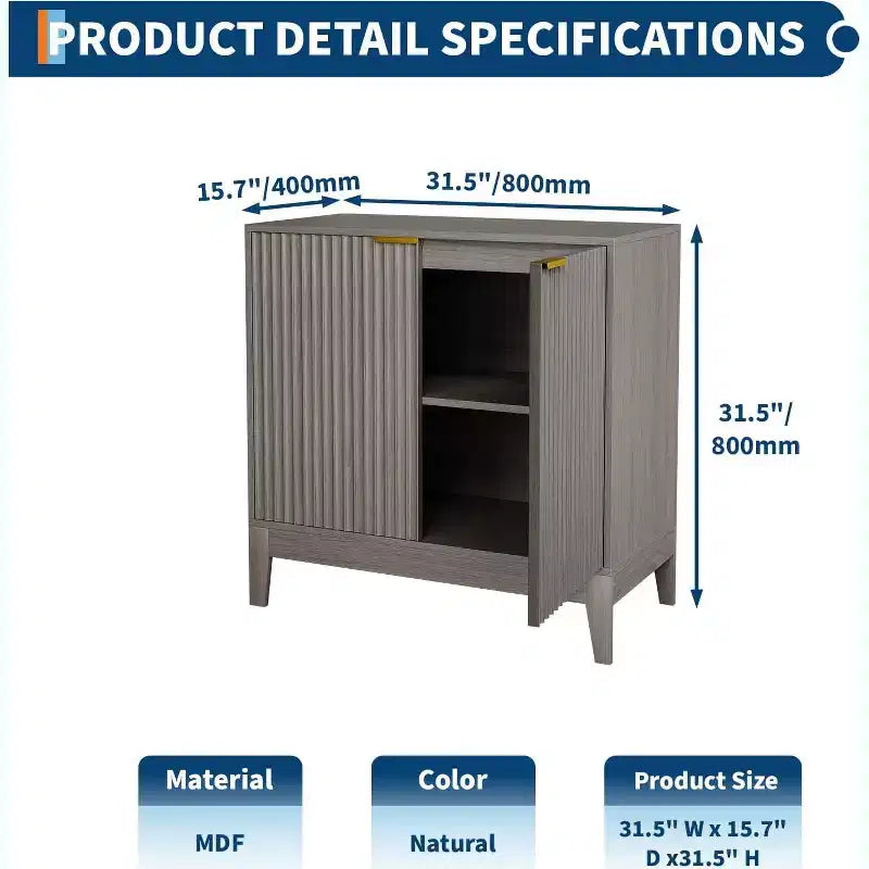 Meuble de rangement cannelé de 32 pouces, buffet à 2 portes, meuble d'appoint moderne du milieu du siècle avec étagères réglables