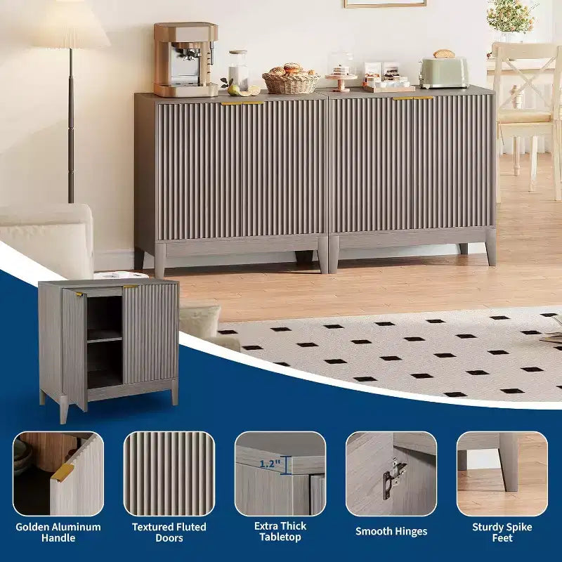 Meuble de rangement cannelé de 32 pouces, buffet à 2 portes, meuble d'appoint moderne du milieu du siècle avec étagères réglables