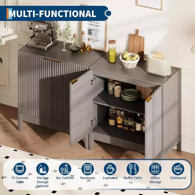 Meuble de rangement cannelé de 32 pouces, buffet à 2 portes, meuble d'appoint moderne du milieu du siècle avec étagères réglables
