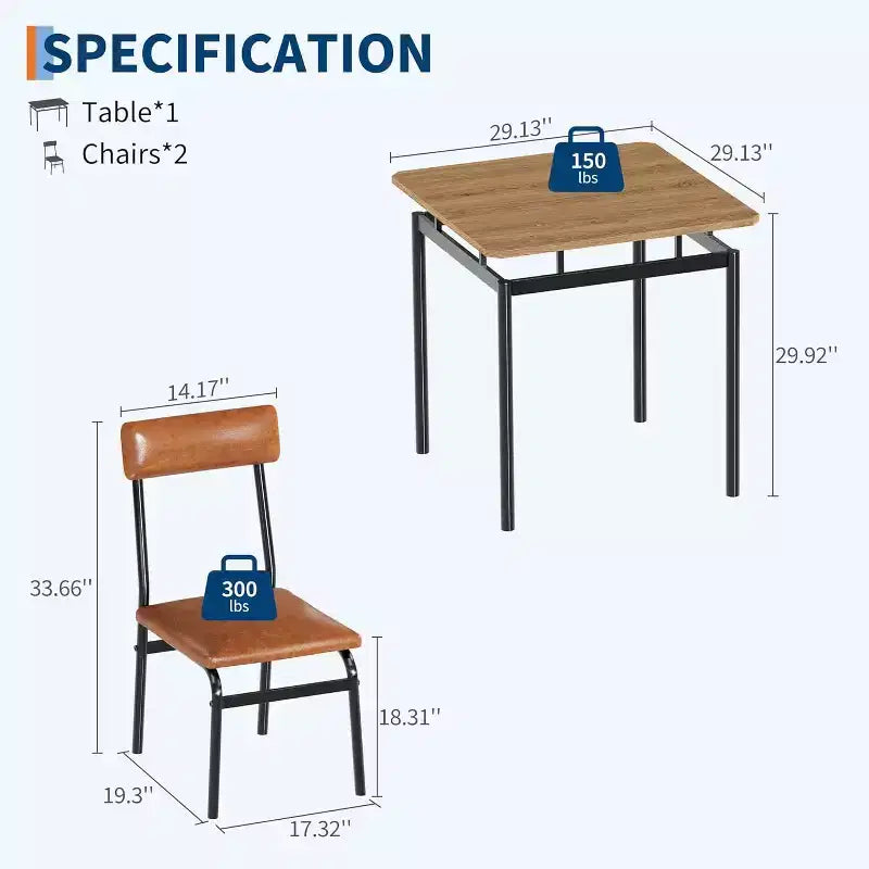 Ensemble de salle à manger 3 pièces avec 2 chaises rembourrées, table et chaises à la finition ton sur ton pour la maison et l'appartement, design peu encombrant avec surface facile à nettoyer, marron
