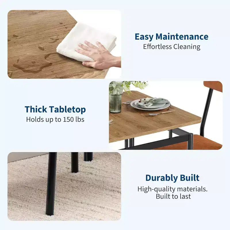 Ensemble de salle à manger 3 pièces avec 2 chaises rembourrées, table et chaises à la finition ton sur ton pour la maison et l'appartement, design peu encombrant avec surface facile à nettoyer, marron