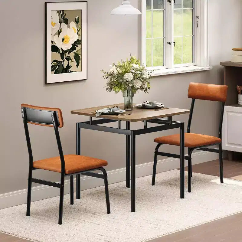 Ensemble de salle à manger 3 pièces avec 2 chaises rembourrées, table et chaises à la finition ton sur ton pour la maison et l'appartement, design peu encombrant avec surface facile à nettoyer, marron