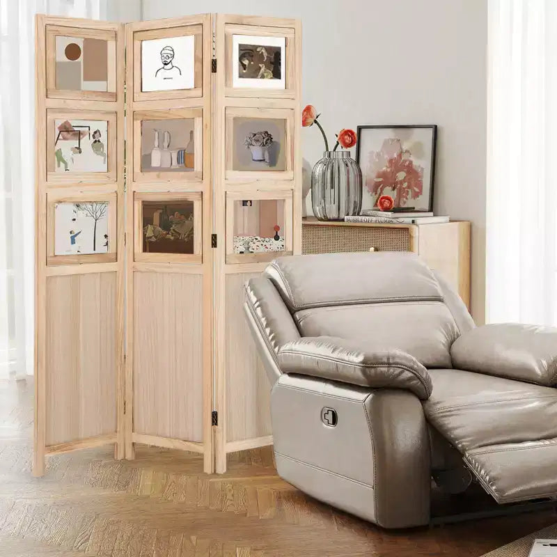 Costway Séparateur de pièce à 3 panneaux 67 avec cadres photo en bois de paulownia Charnières métalliques pour la maison Naturel/Blanc