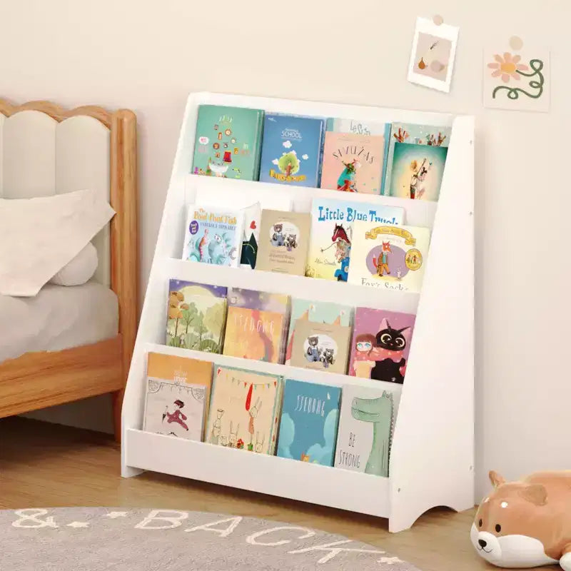 MAYEERTY Étagère à Livres à 4 Niveaux pour Enfants, Présentoir de Livres pour Tout-Petits, Aide à Garder les Chambres et Salles de Jeux Rangées, Blanc