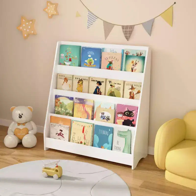 MAYEERTY Étagère à Livres à 4 Niveaux pour Enfants, Présentoir de Livres pour Tout-Petits, Aide à Garder les Chambres et Salles de Jeux Rangées, Blanc