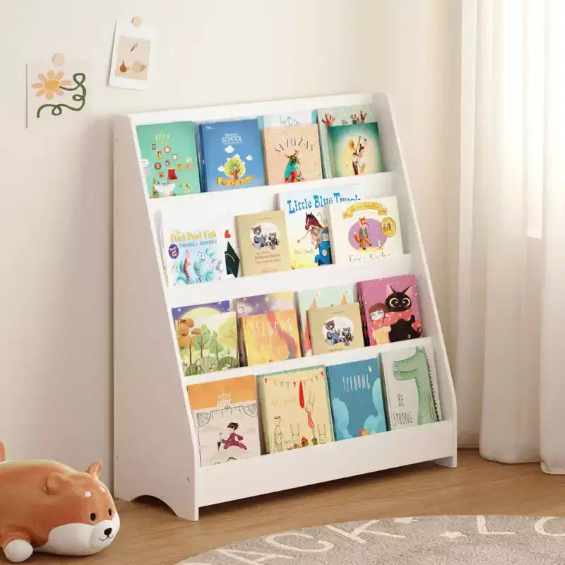 MAYEERTY Étagère à Livres à 4 Niveaux pour Enfants, Présentoir de Livres pour Tout-Petits, Aide à Garder les Chambres et Salles de Jeux Rangées, Blanc