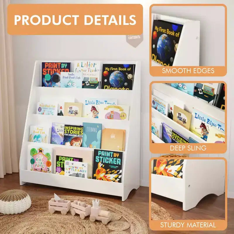 MAYEERTY Étagère à Livres à 4 Niveaux pour Enfants, Présentoir de Livres pour Tout-Petits, Aide à Garder les Chambres et Salles de Jeux Rangées, Blanc