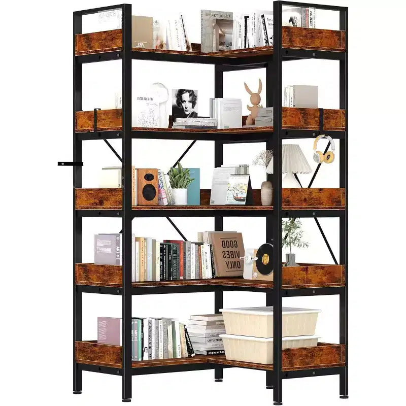 65 5-Tier L-Shaped Corner Bookshelf, 10 Open Shelf Industrial Storage Unit for Living Room, Home Office