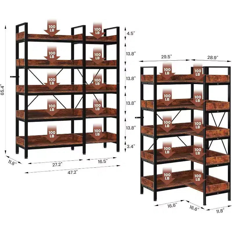 Étagère d'angle en forme de L à 5 niveaux de 65 po, unité de rangement industrielle à 10 étagères ouvertes pour salon, bureau à domicile
