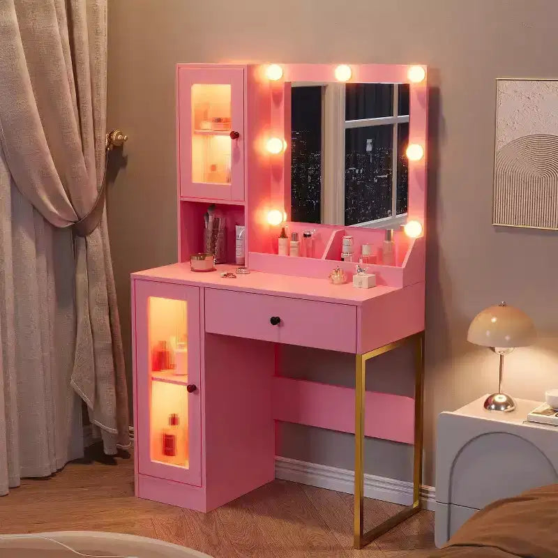 Coiffeuse moderne avec miroir, station de recharge, tiroirs de rangement spacieux et armoires à portes acryliques, table de maquillage en bois pour chambre à coucher
