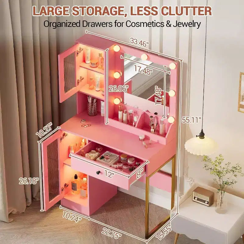 Coiffeuse moderne avec miroir, station de recharge, tiroirs de rangement spacieux et armoires à portes acryliques, table de maquillage en bois pour chambre à coucher