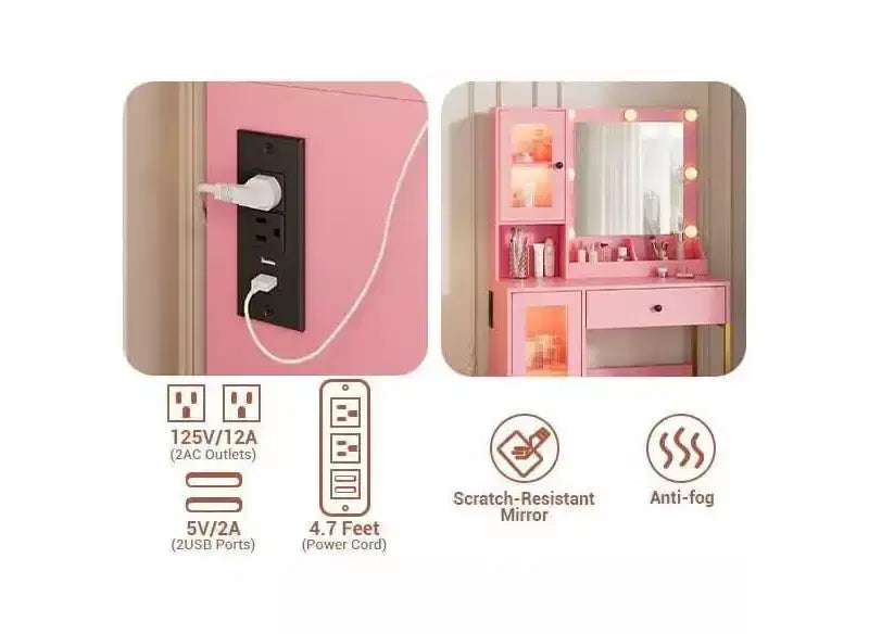 Coiffeuse moderne avec miroir, station de recharge, tiroirs de rangement spacieux et armoires à portes acryliques, table de maquillage en bois pour chambre à coucher