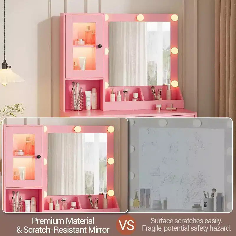 Coiffeuse moderne avec miroir, station de recharge, tiroirs de rangement spacieux et armoires à portes acryliques, table de maquillage en bois pour chambre à coucher