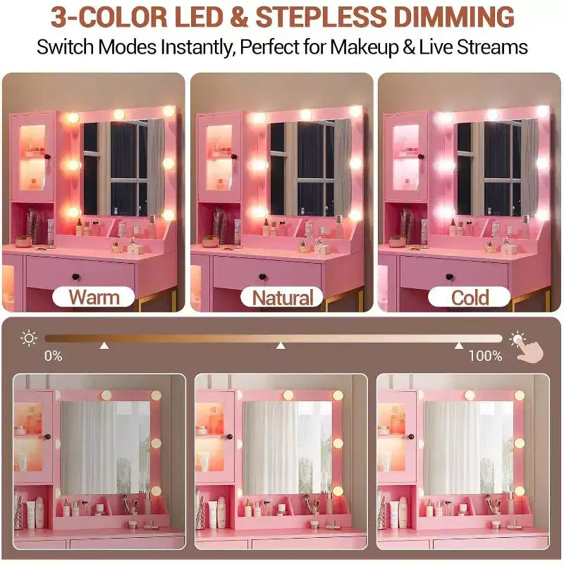 Coiffeuse moderne avec miroir, station de recharge, tiroirs de rangement spacieux et armoires à portes acryliques, table de maquillage en bois pour chambre à coucher