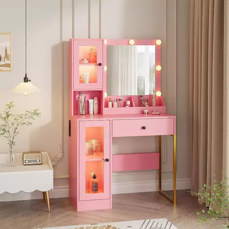 Coiffeuse moderne avec miroir, station de recharge, tiroirs de rangement spacieux et armoires à portes acryliques, table de maquillage en bois pour chambre à coucher