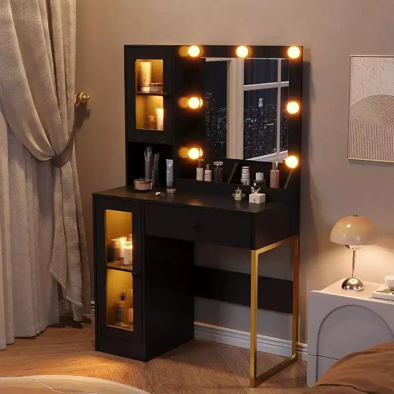 Coiffeuse moderne avec miroir, station de recharge, tiroirs de rangement spacieux et armoires à portes acryliques, table de maquillage en bois pour chambre à coucher