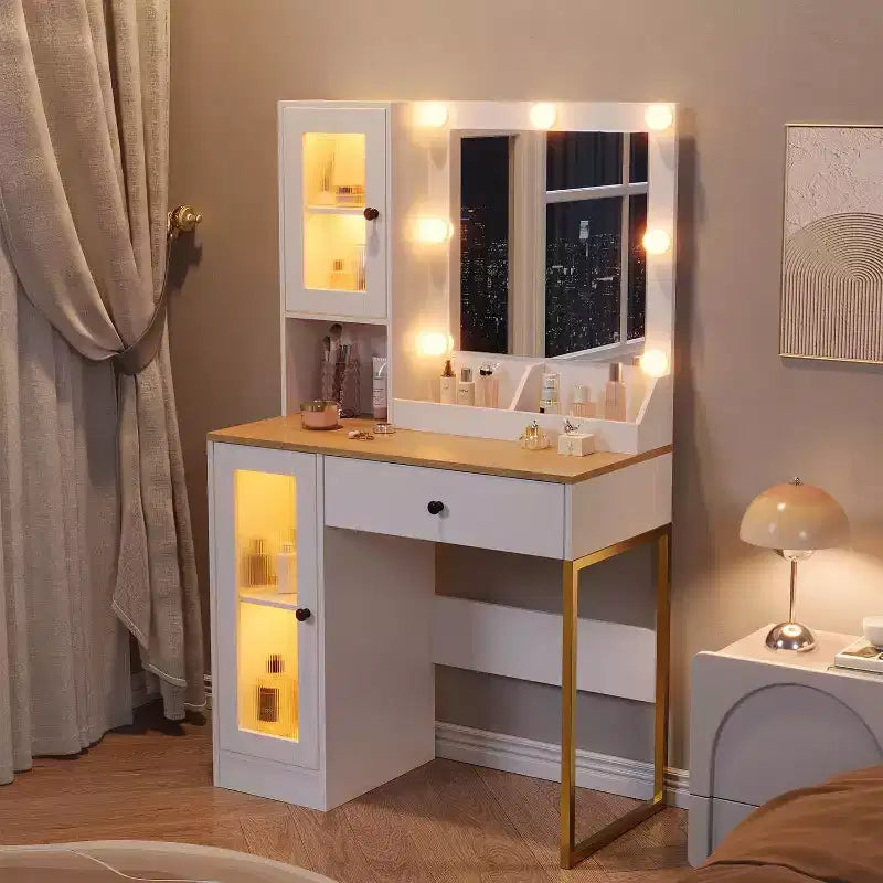 Coiffeuse moderne avec miroir, station de recharge, tiroirs de rangement spacieux et armoires à portes acryliques, table de maquillage en bois pour chambre à coucher