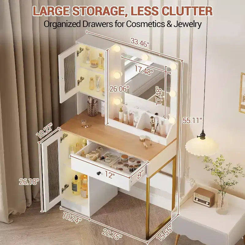 Coiffeuse moderne avec miroir, station de recharge, tiroirs de rangement spacieux et armoires à portes acryliques, table de maquillage en bois pour chambre à coucher