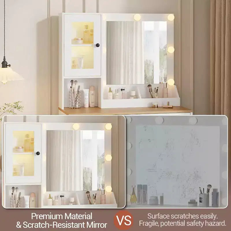 Coiffeuse moderne avec miroir, station de recharge, tiroirs de rangement spacieux et armoires à portes acryliques, table de maquillage en bois pour chambre à coucher
