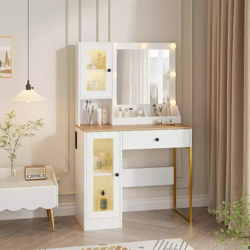 Coiffeuse moderne avec miroir, station de recharge, tiroirs de rangement spacieux et armoires à portes acryliques, table de maquillage en bois pour chambre à coucher