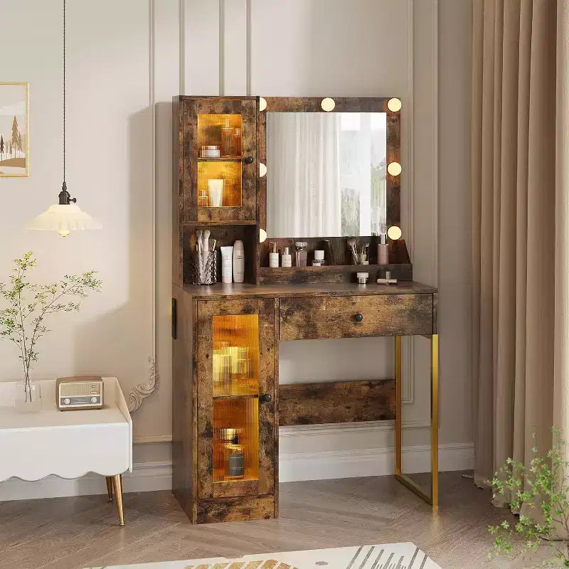 Coiffeuse moderne avec miroir, station de recharge, tiroirs de rangement spacieux et armoires à portes acryliques, table de maquillage en bois pour chambre à coucher