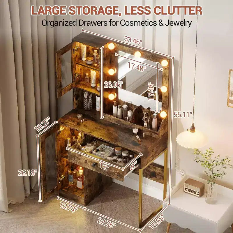 Coiffeuse moderne avec miroir, station de recharge, tiroirs de rangement spacieux et armoires à portes acryliques, table de maquillage en bois pour chambre à coucher