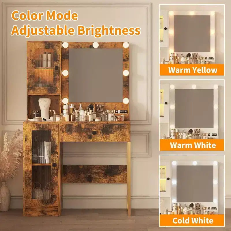 Coiffeuse moderne avec miroir, station de recharge, tiroirs de rangement spacieux et armoires à portes acryliques, table de maquillage en bois pour chambre à coucher