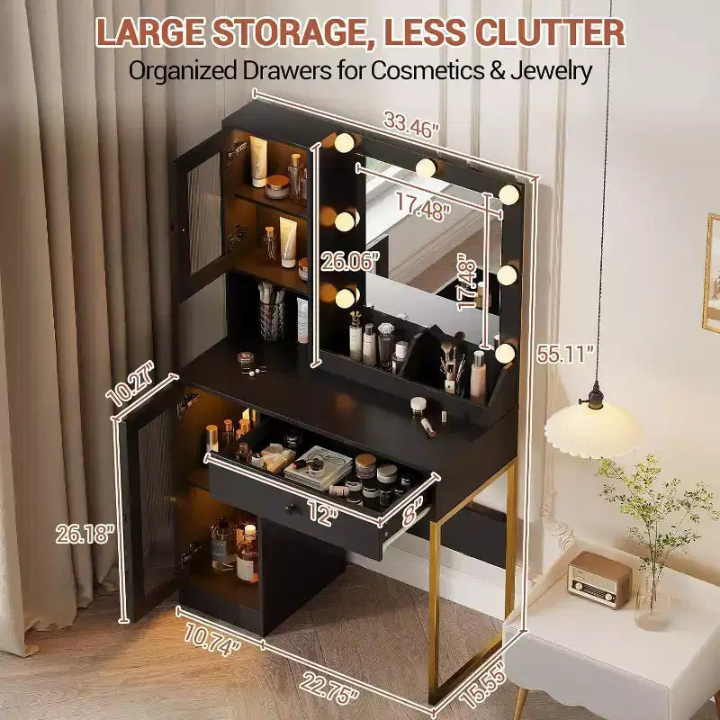 Coiffeuse moderne avec miroir, station de recharge, tiroirs de rangement spacieux et armoires à portes acryliques, table de maquillage en bois pour chambre à coucher