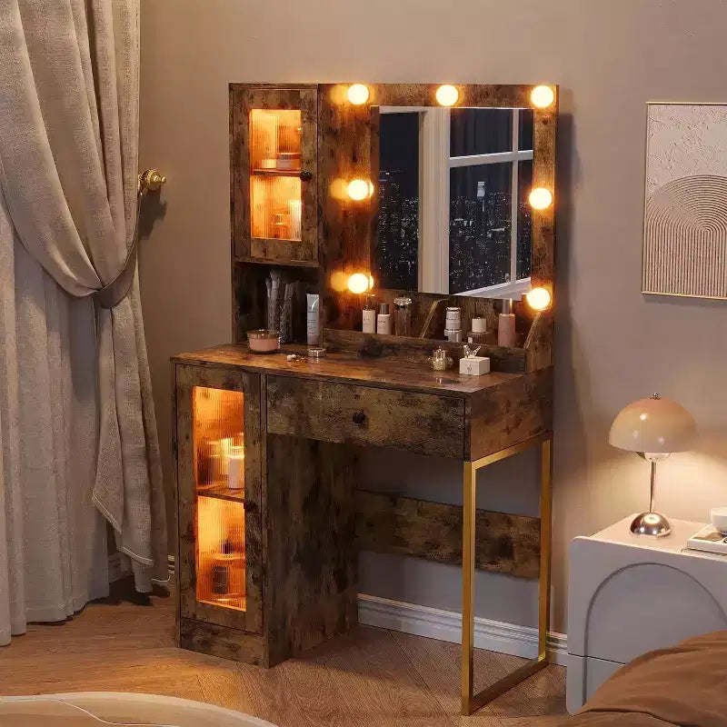 Coiffeuse moderne avec miroir, station de recharge, tiroirs de rangement spacieux et armoires à portes acryliques, table de maquillage en bois pour chambre à coucher