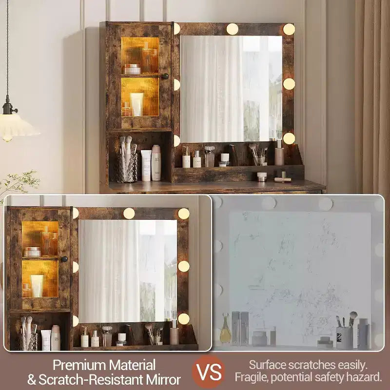 Coiffeuse moderne avec miroir, station de recharge, tiroirs de rangement spacieux et armoires à portes acryliques, table de maquillage en bois pour chambre à coucher