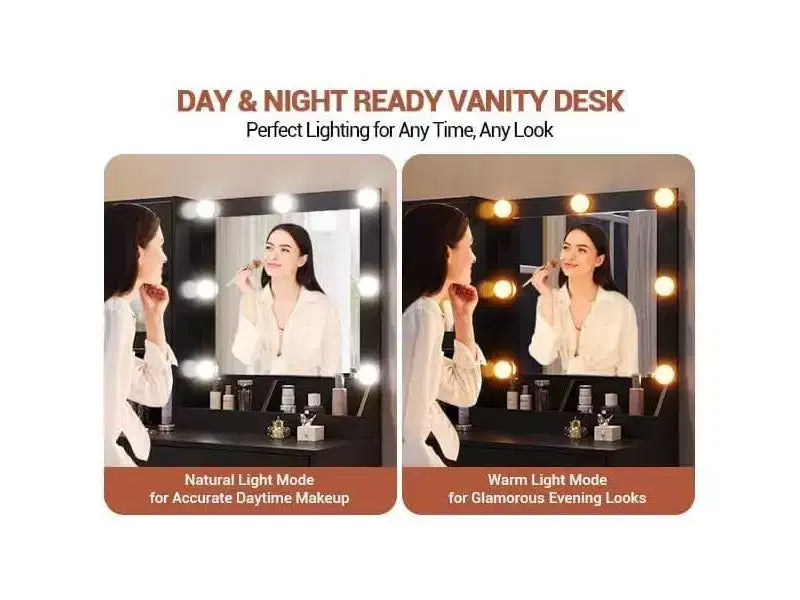 Coiffeuse moderne avec miroir, station de recharge, tiroirs de rangement spacieux et armoires à portes acryliques, table de maquillage en bois pour chambre à coucher