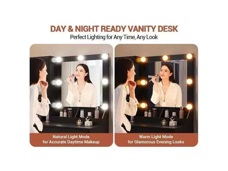 Coiffeuse moderne avec miroir, station de recharge, tiroirs de rangement spacieux et armoires à portes acryliques, table de maquillage en bois pour chambre à coucher