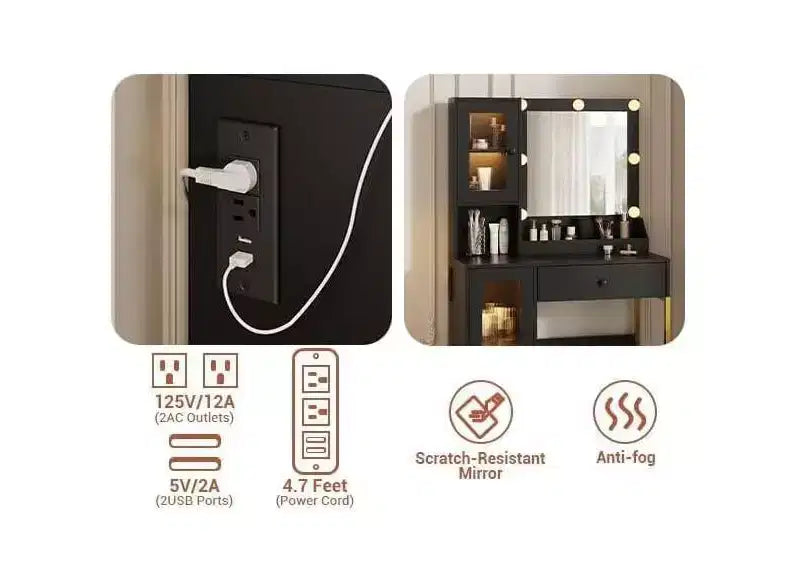 Coiffeuse moderne avec miroir, station de recharge, tiroirs de rangement spacieux et armoires à portes acryliques, table de maquillage en bois pour chambre à coucher