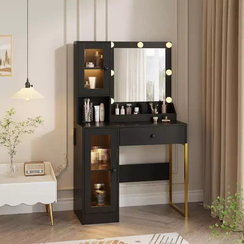 Coiffeuse moderne avec miroir, station de recharge, tiroirs de rangement spacieux et armoires à portes acryliques, table de maquillage en bois pour chambre à coucher
