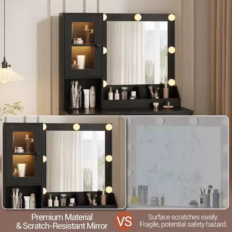 Coiffeuse moderne avec miroir, station de recharge, tiroirs de rangement spacieux et armoires à portes acryliques, table de maquillage en bois pour chambre à coucher