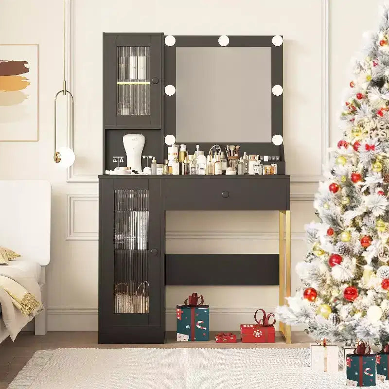 Modern Makeup Vanity Desk with Mirror, Charging Station, Ample Storage Drawers & Acrylic-Door Cabinets, Wooden Dressing Table for Bedroom