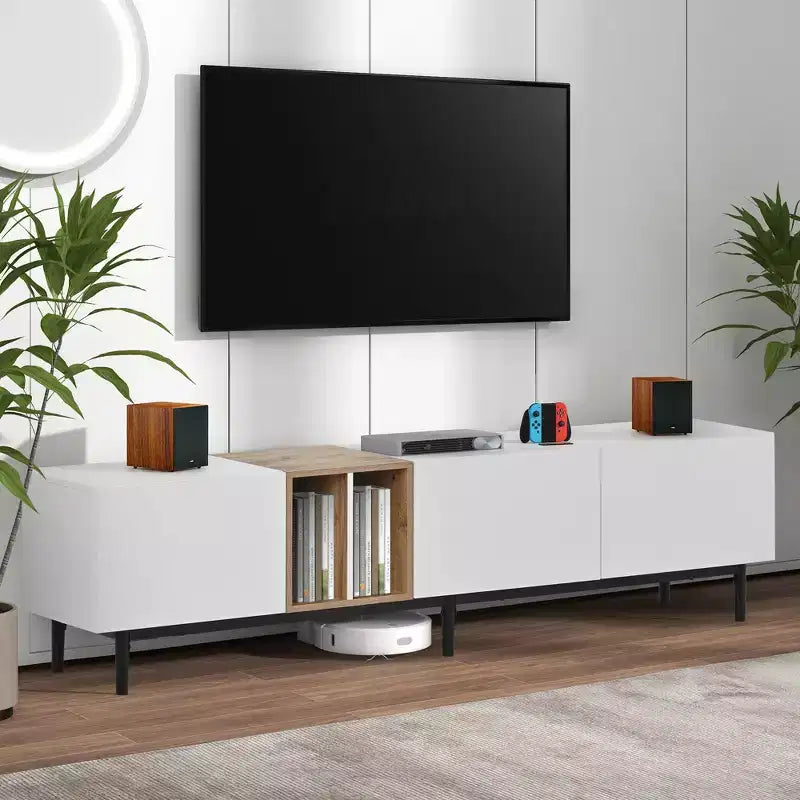 Meuble TV moderne Clihome pour téléviseur 80" avec 3 portes, console multimédia, centre de divertissement avec grand meuble de rangement pour salon