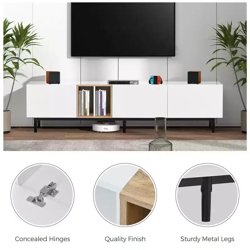 Meuble TV moderne Clihome pour téléviseur 80" avec 3 portes, console multimédia, centre de divertissement avec grand meuble de rangement pour salon