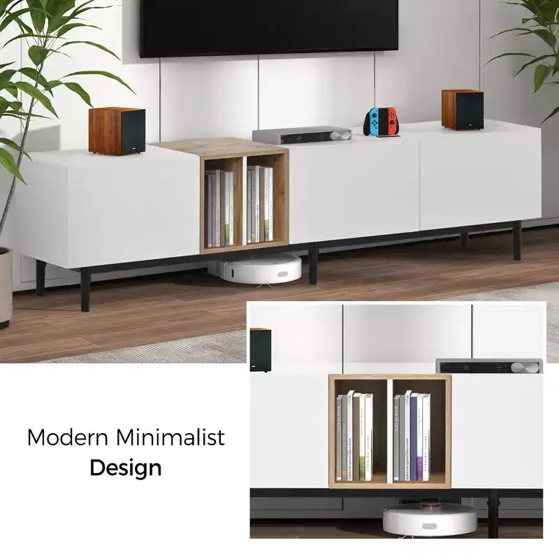 Meuble TV moderne Clihome pour téléviseur 80" avec 3 portes, console multimédia, centre de divertissement avec grand meuble de rangement pour salon