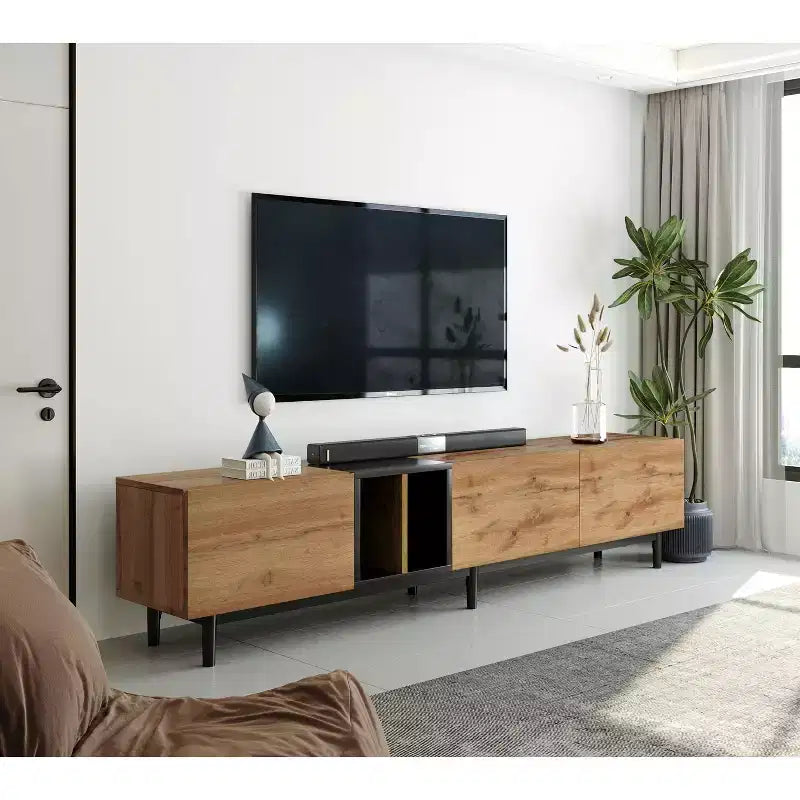 Meuble TV moderne Clihome pour téléviseur 80" avec 3 portes, console multimédia, centre de divertissement avec grand meuble de rangement pour salon