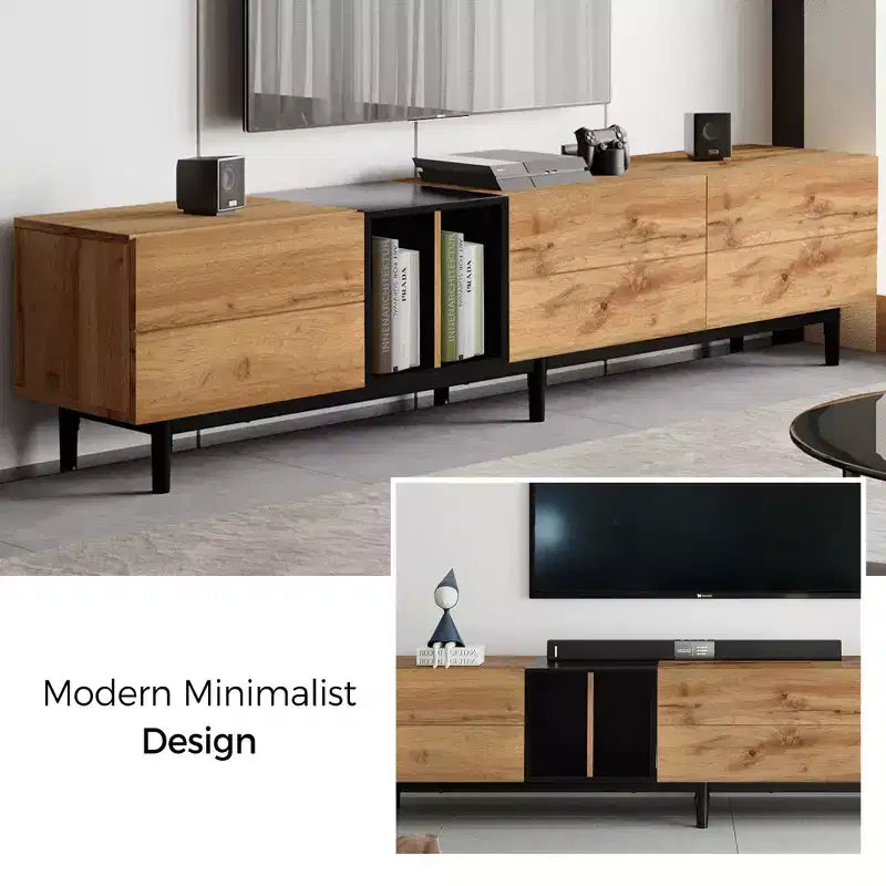 Meuble TV moderne Clihome pour téléviseur 80" avec 3 portes, console multimédia, centre de divertissement avec grand meuble de rangement pour salon