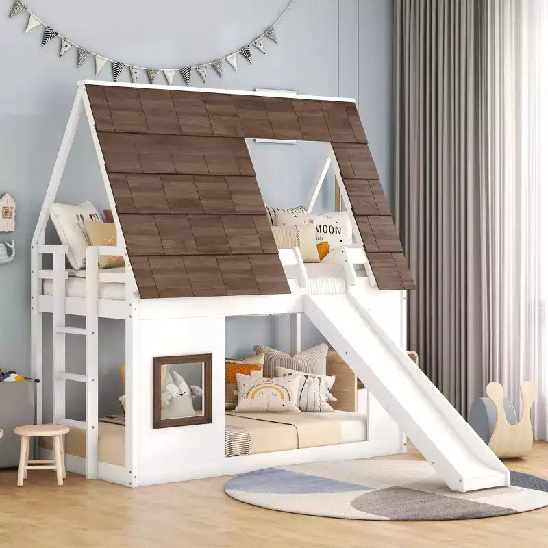Twin Size Bunk Bed Playful Loft Bed Kids House Bed with Ladder, Slide & Roof, White & Brown - ModernLuxe