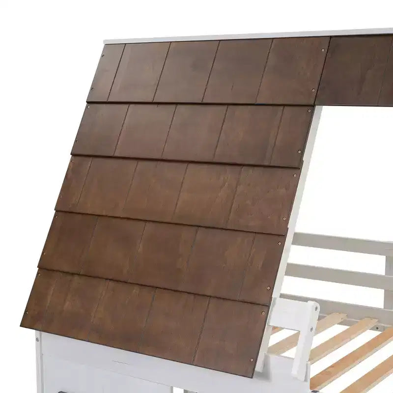 Lit superposé simple Lit mezzanine ludique Lit cabane pour enfants avec échelle, toboggan et toit, blanc et marron - ModernLuxe
