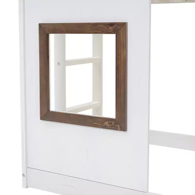 Lit superposé simple Lit mezzanine ludique Lit cabane pour enfants avec échelle, toboggan et toit, blanc et marron - ModernLuxe