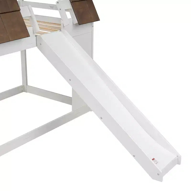 Lit superposé simple Lit mezzanine ludique Lit cabane pour enfants avec échelle, toboggan et toit, blanc et marron - ModernLuxe