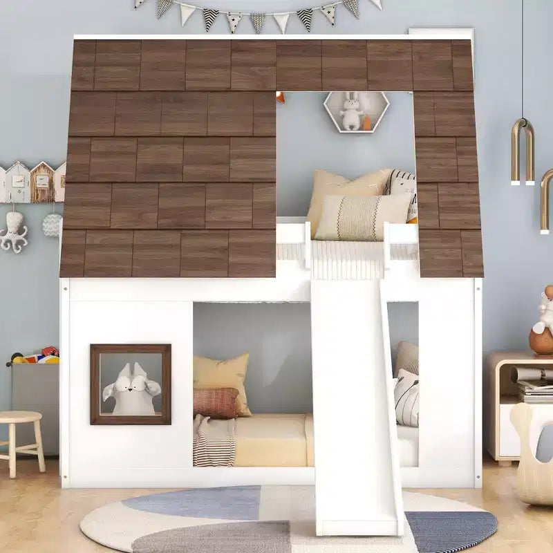 Lit superposé simple Lit mezzanine ludique Lit cabane pour enfants avec échelle, toboggan et toit, blanc et marron - ModernLuxe